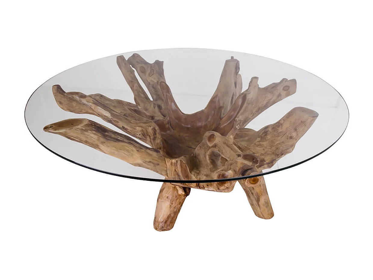 RAMA - Table Basse Ronde Ø110cm Teck Brut et Plateau Verre