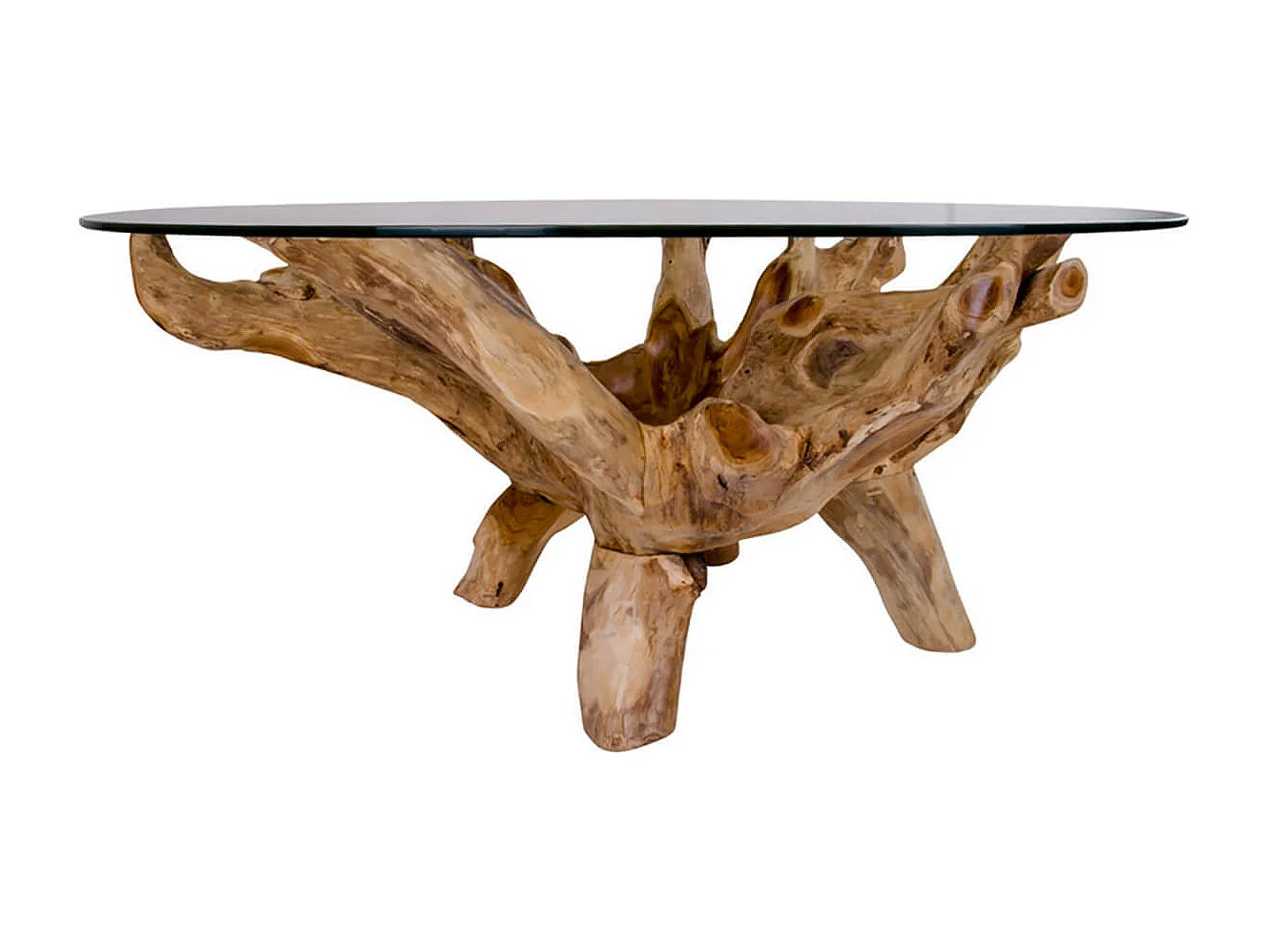 RAMA - Table Basse Ronde Ø110cm Teck Brut et Plateau Verre