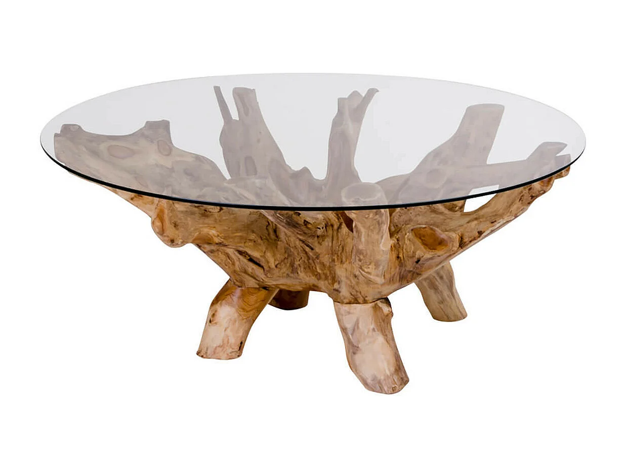 RAMA - Table Basse Ronde Ø110cm Teck Brut et Plateau Verre