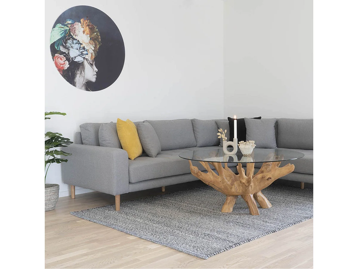 RAMA - Table Basse Ronde Ø110cm Teck Brut et Plateau Verre