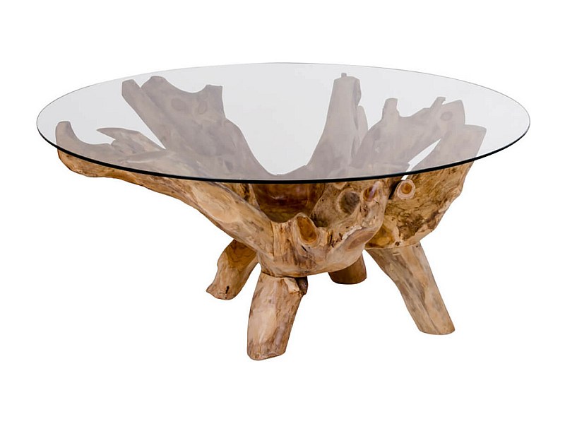 RAMA - Table Basse Ronde Ø110cm Teck Brut et Plateau Verre