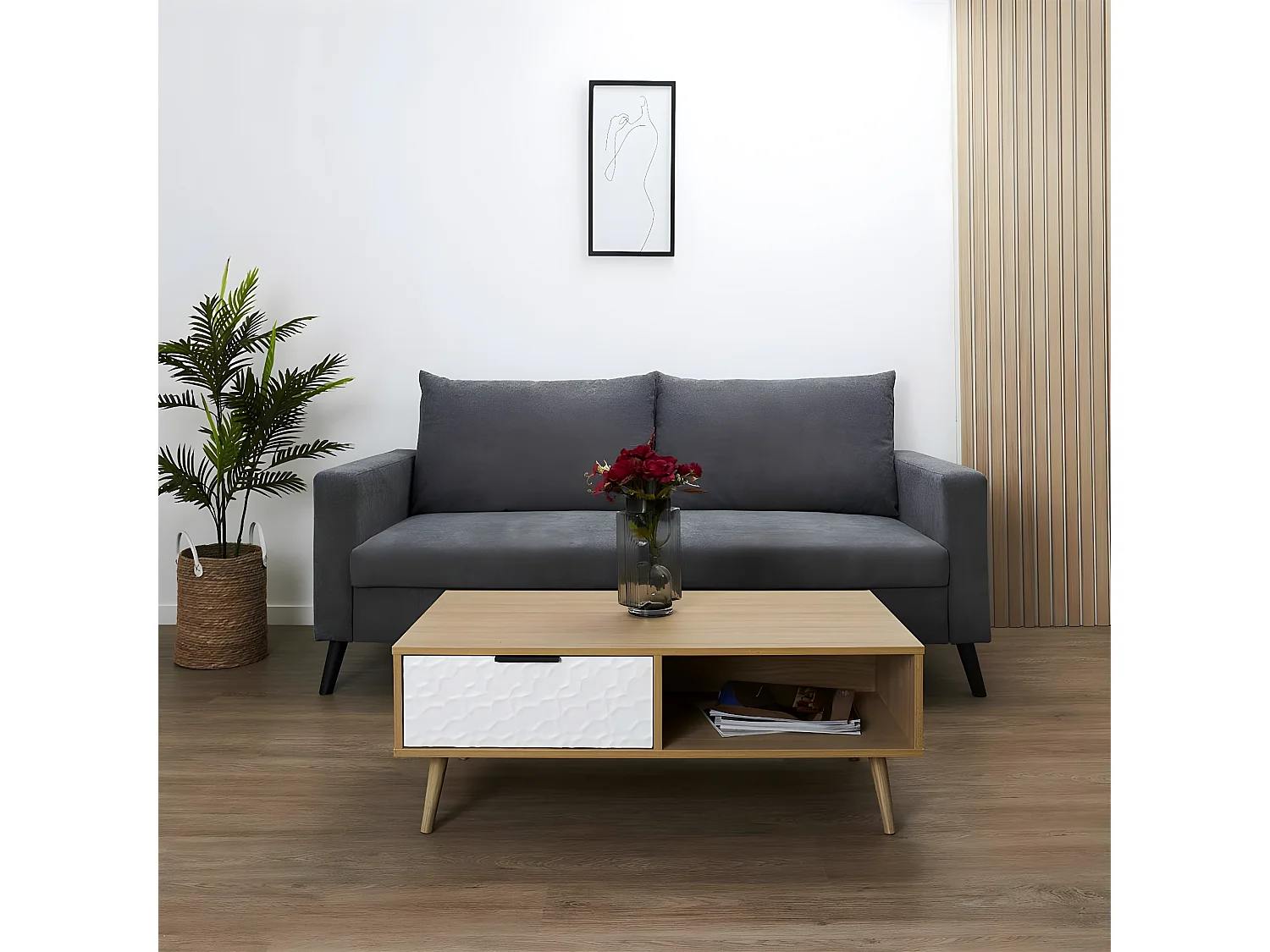 KRAK - Table Basse Aspect Bois et Motif Craquelé Blanc