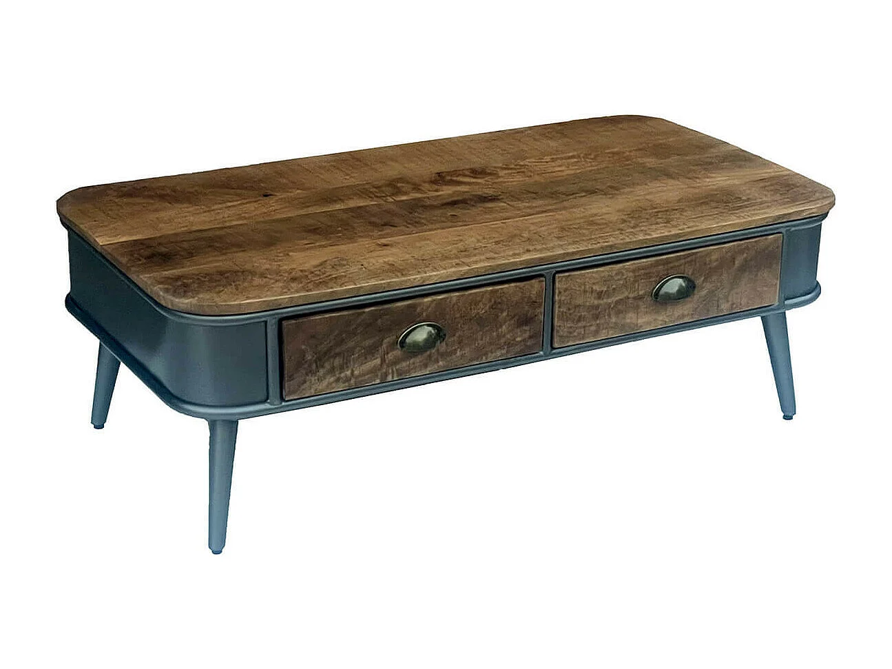 PALISSO - Table Basse 2 Tiroirs Bois et Acier Patiné