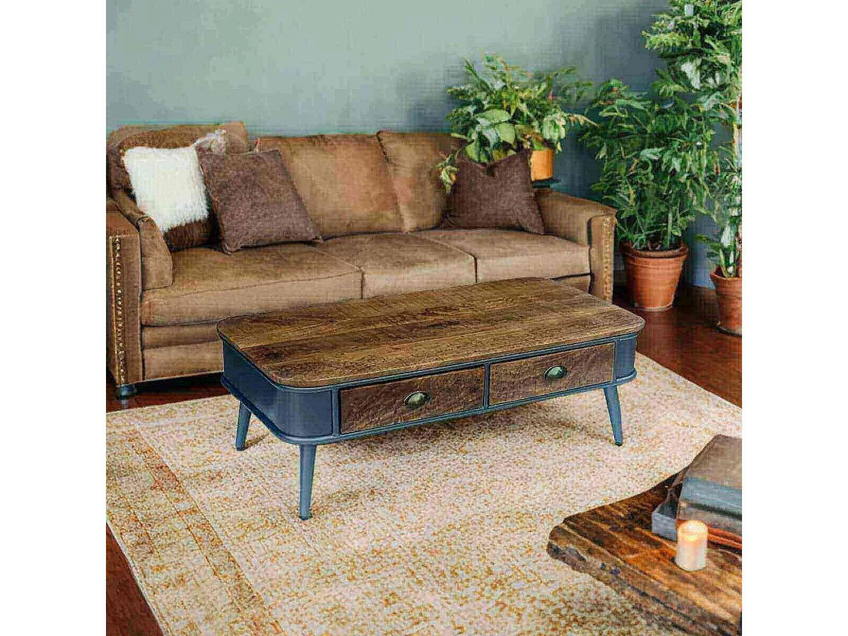 PALISSO - Table Basse 2 Tiroirs Bois et Acier Patiné