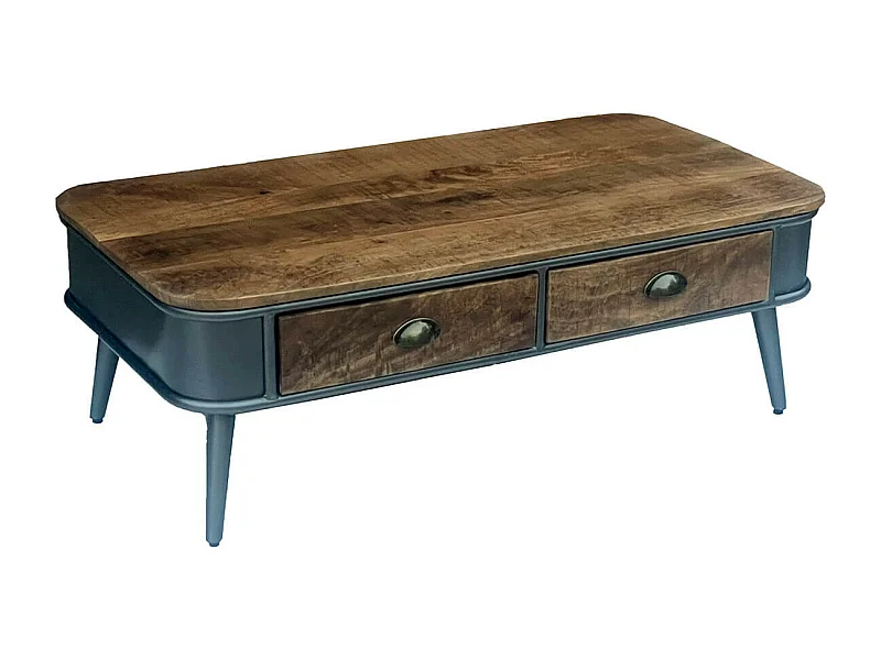 PALISSO - Table Basse 2 Tiroirs Bois et Acier Patiné