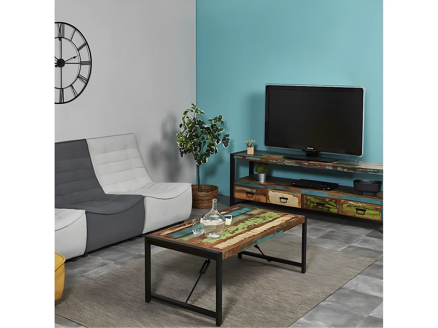 KALI - Table Basse Bois Recyclé et Métal Noir