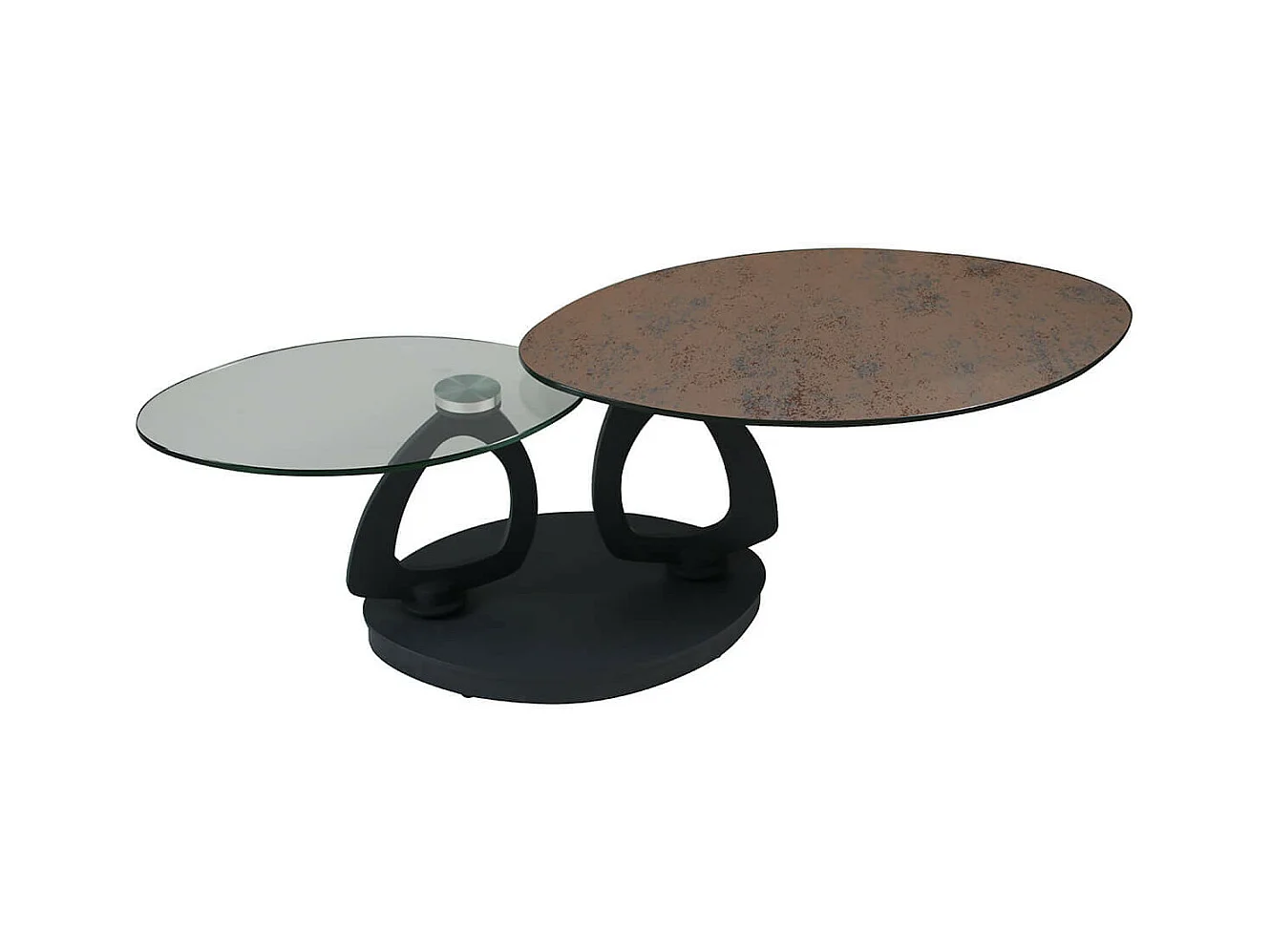 VANIM - Table Basse Ovale Plateaux Verre et Céramique Marron