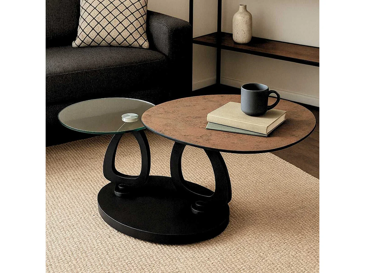 VANIM - Table Basse Ovale Plateaux Verre et Céramique Marron