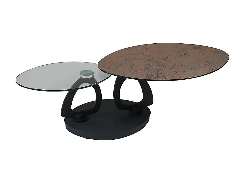 VANIM - Table Basse Ovale Plateaux Verre et Céramique Marron