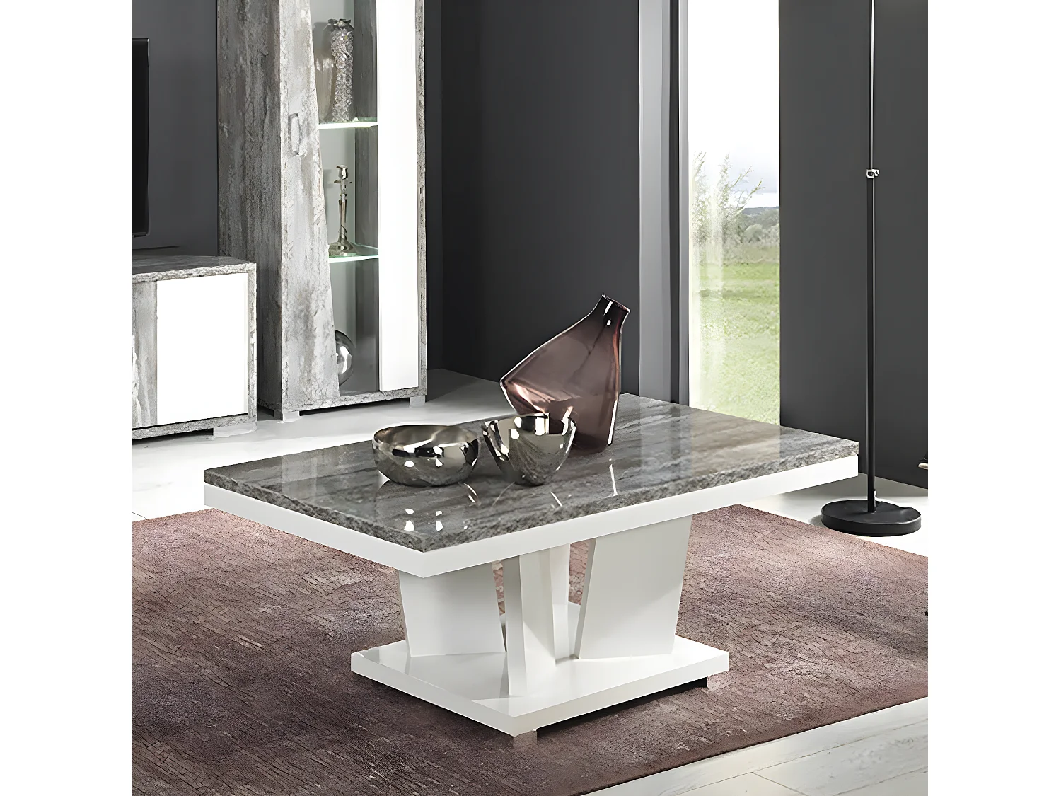 DENYS - Table Basse Rectangulaire Laqué Blanc et Effet Bois Taupe