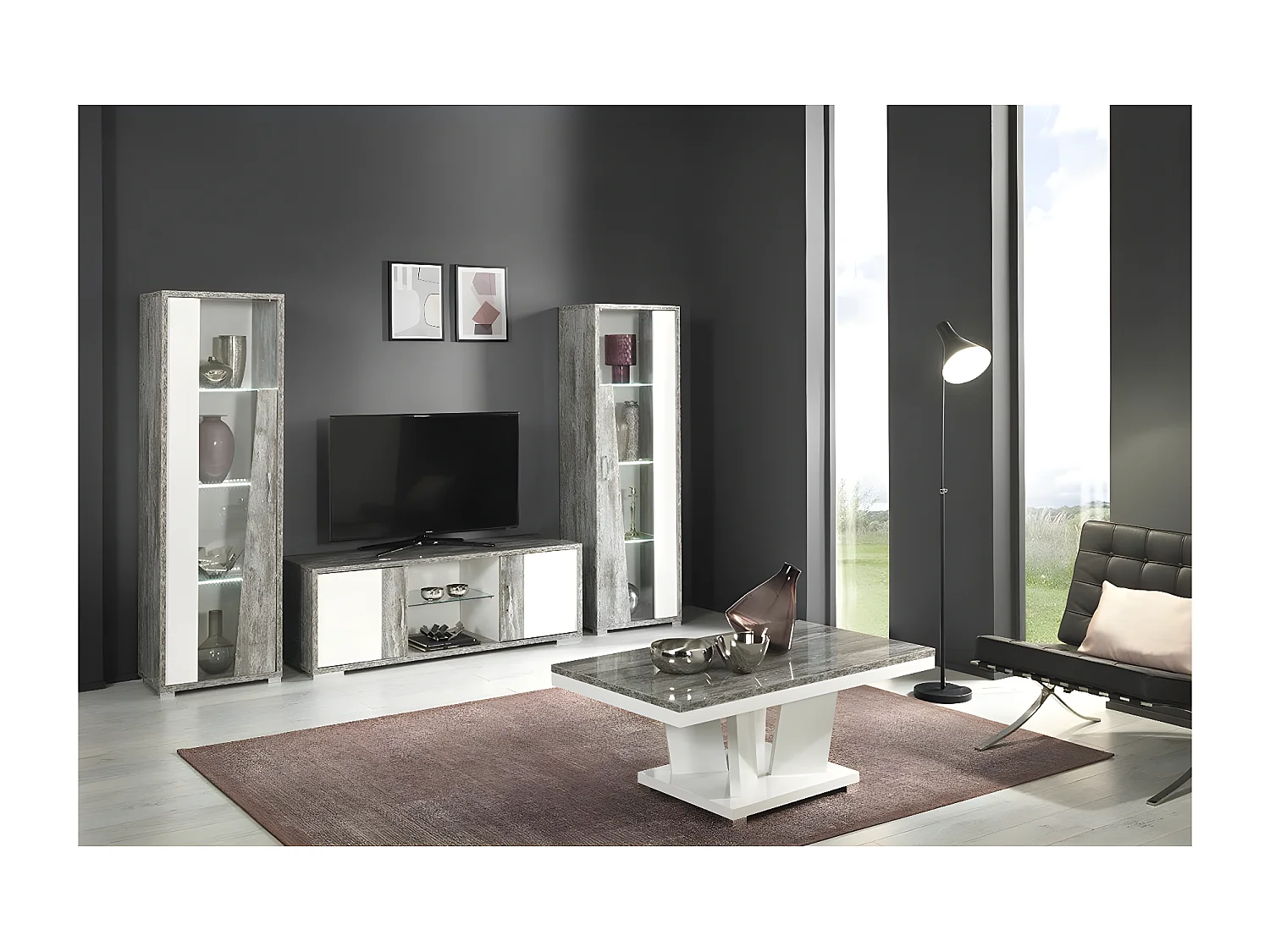 DENYS - Table Basse Rectangulaire Laqué Blanc et Effet Bois Taupe