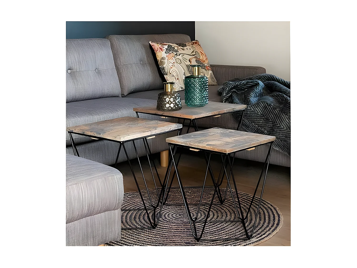 ERLING - Lot de 3 Tables Basses Acier et Effet Marbre Gris