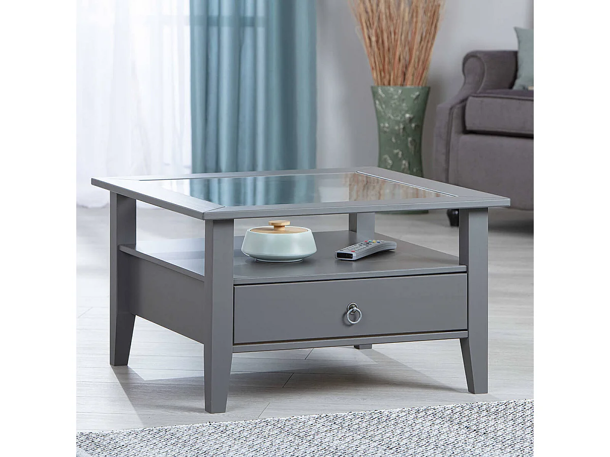MELINA - Table Basse Carrée Bois Massif Laqué  Gris