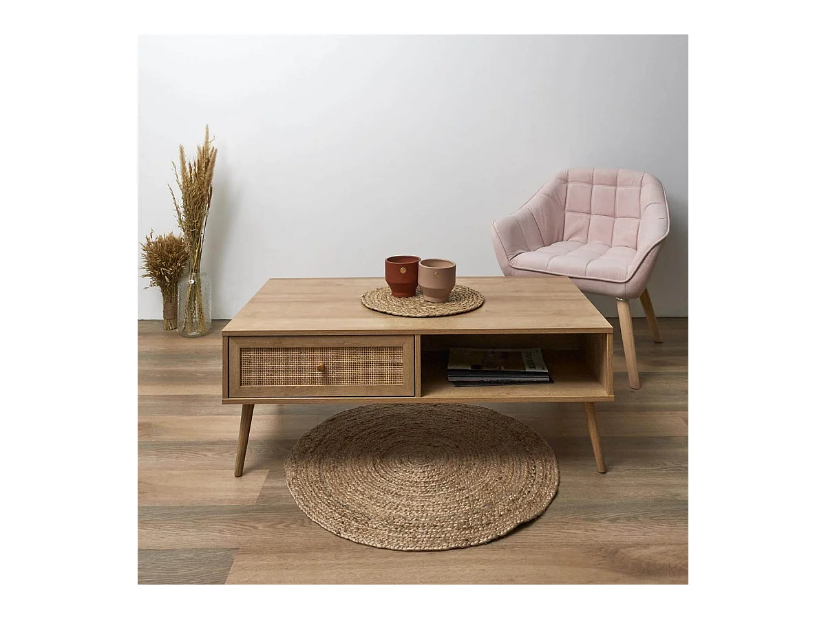 MAYA - Table Basse 1 Tiroir Effet Bois et Façade Rotin