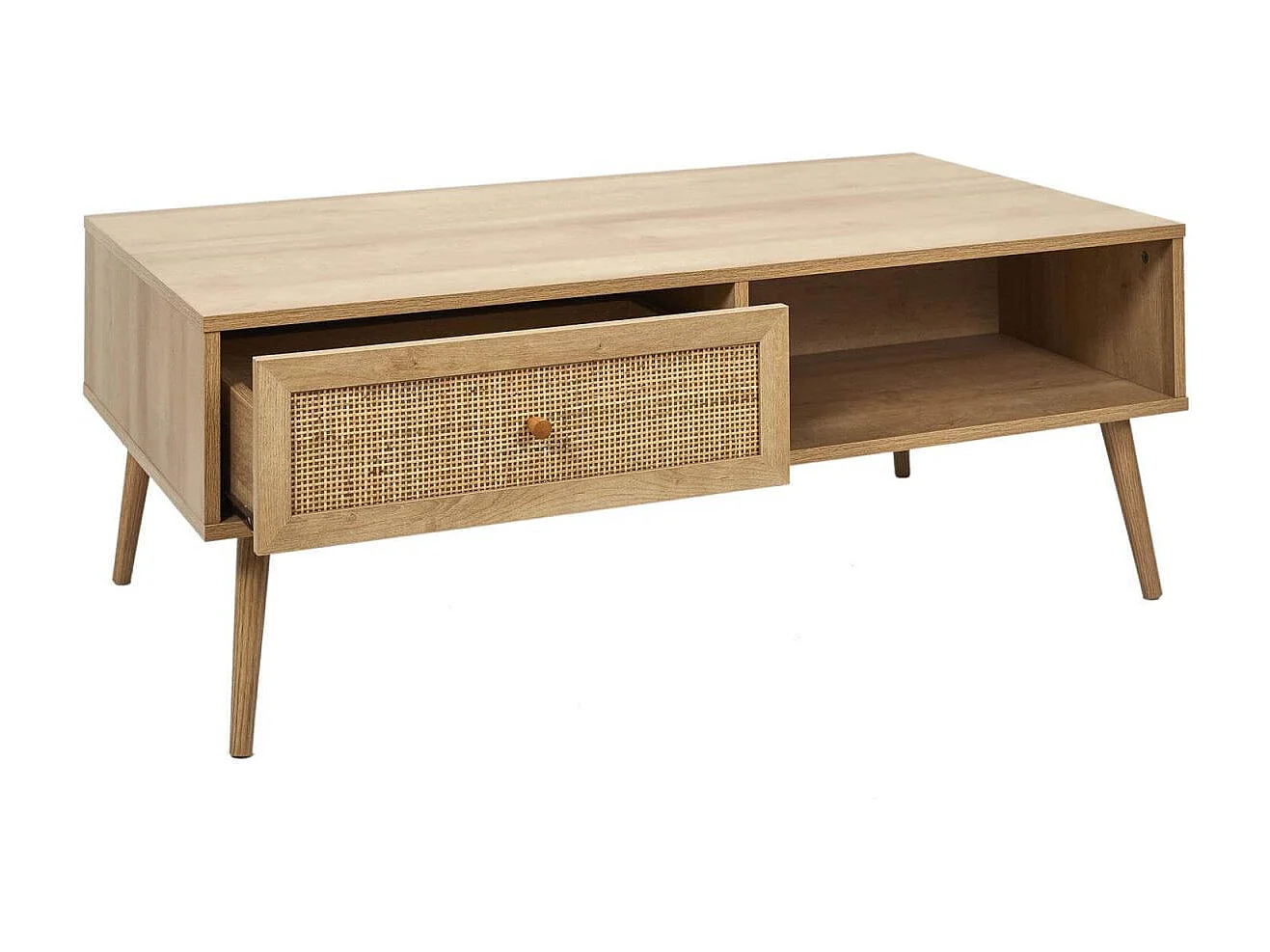 MAYA - Table Basse 1 Tiroir Effet Bois et Façade Rotin