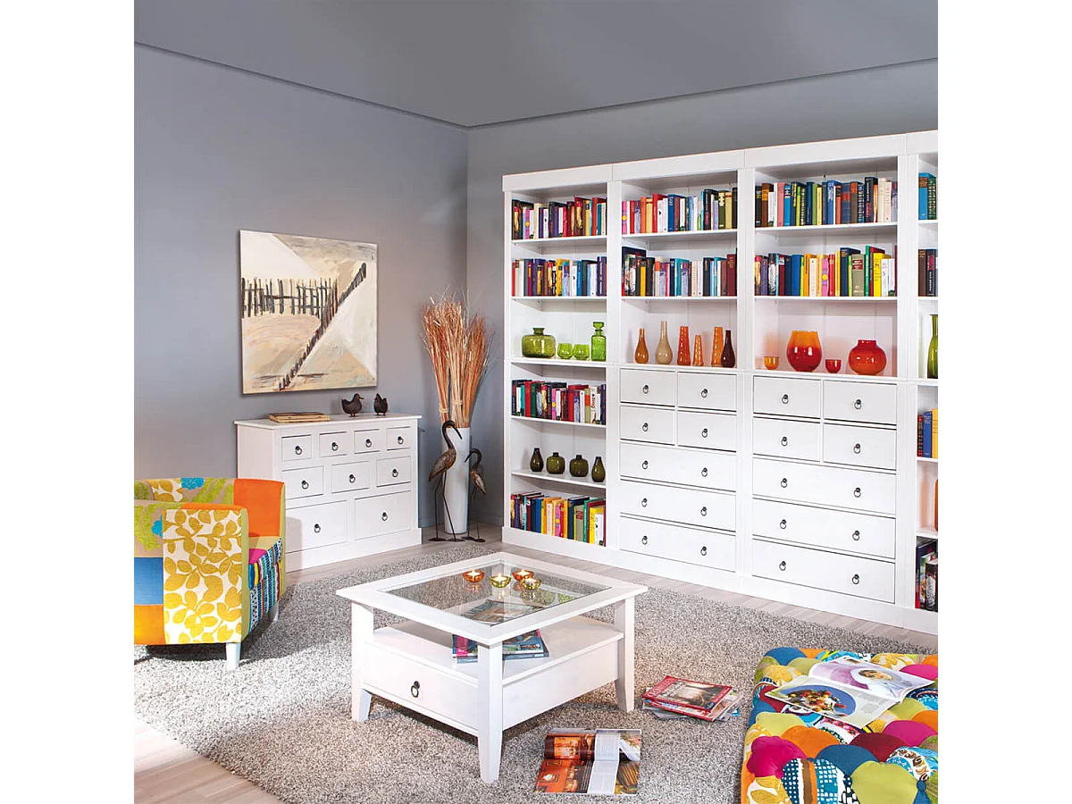 NATUR - Table Basse Carrée Bois Massif Vernis Blanc et Verre