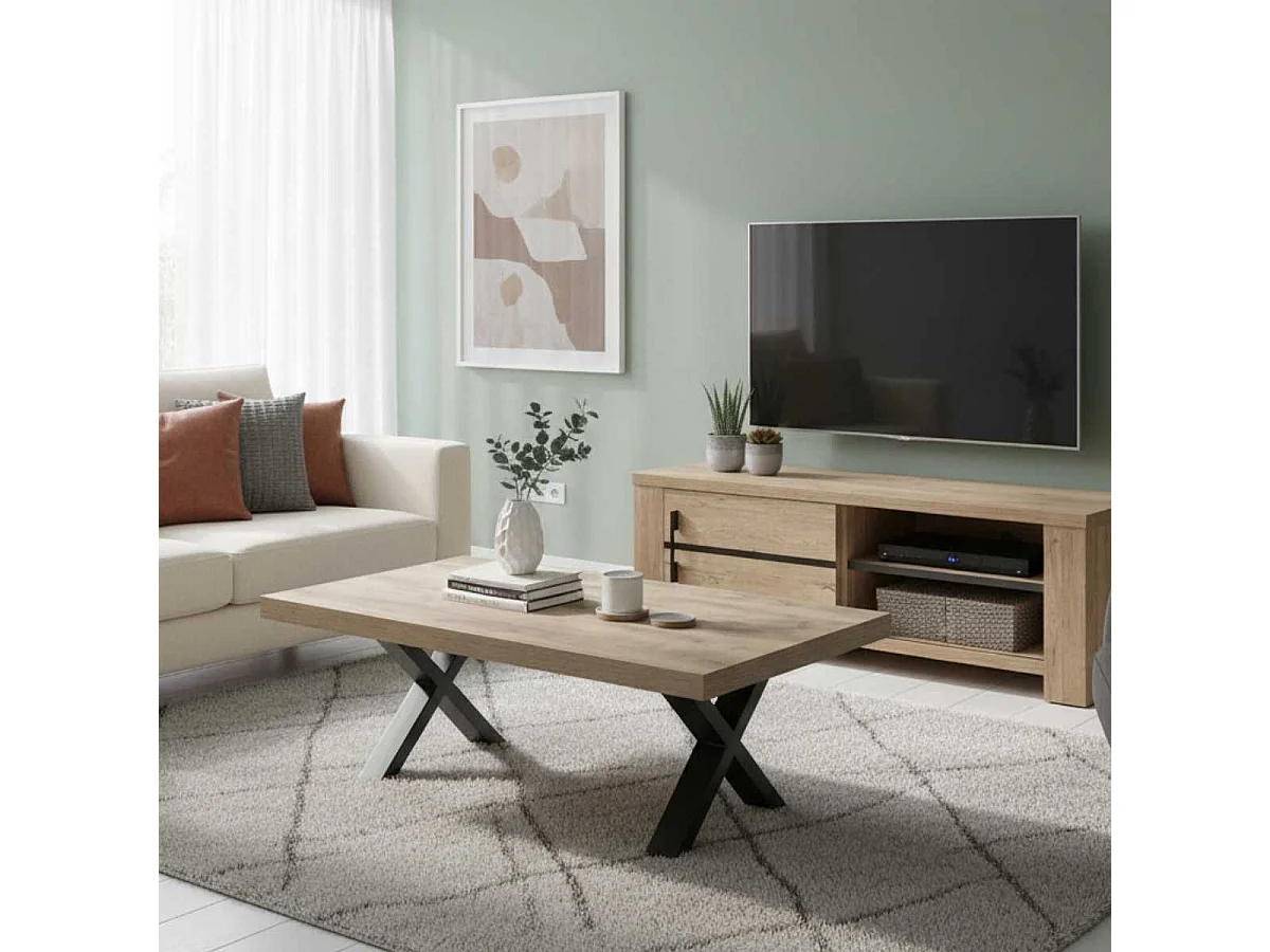 NILLA - Table Basse Aspect Bois Piètement X Métal Poudré Noir