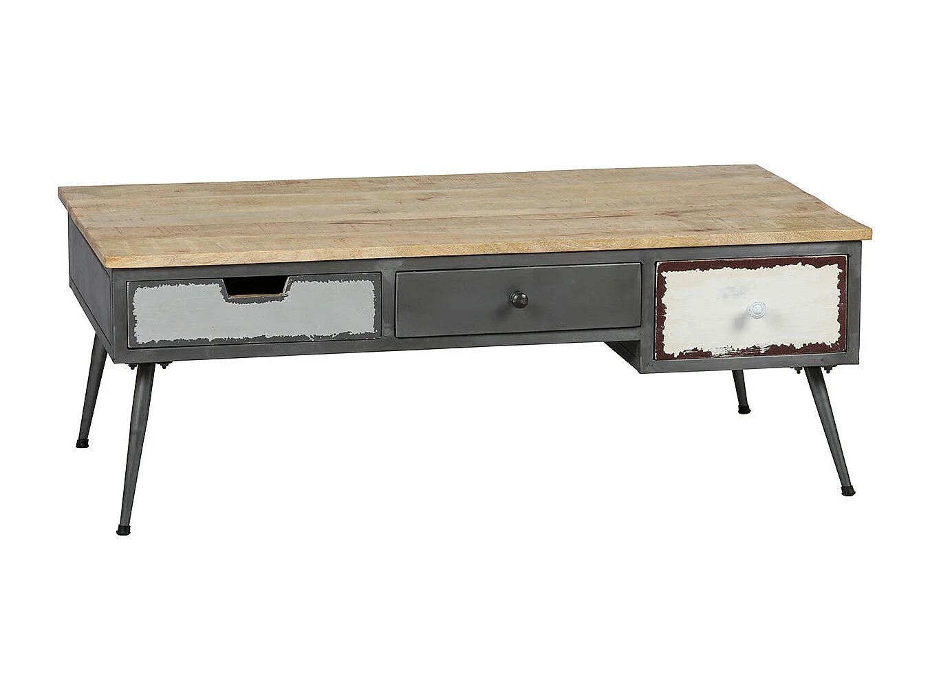 STAHL - Table Basse 3 Tiroirs Structure en Métal Plateau en Bois