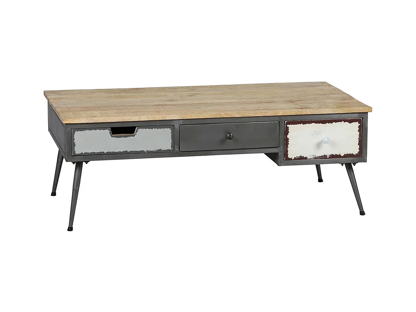 STAHL - Table Basse 3 Tiroirs Structure en Métal Plateau en Bois