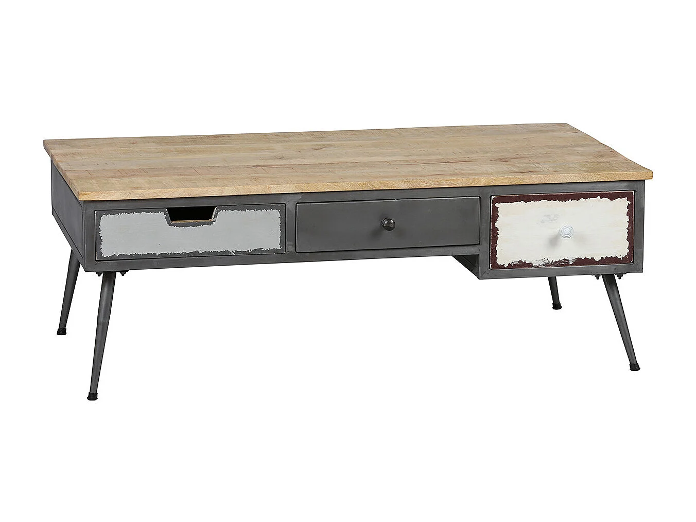 STAHL - Table Basse 3 Tiroirs Structure en Métal Plateau en Bois