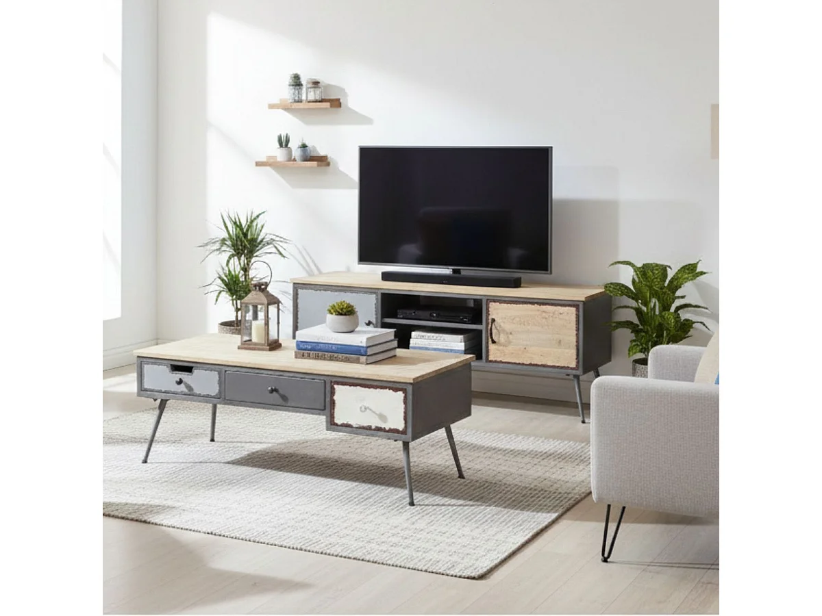 STAHL - Table Basse 3 Tiroirs Structure en Métal Plateau en Bois