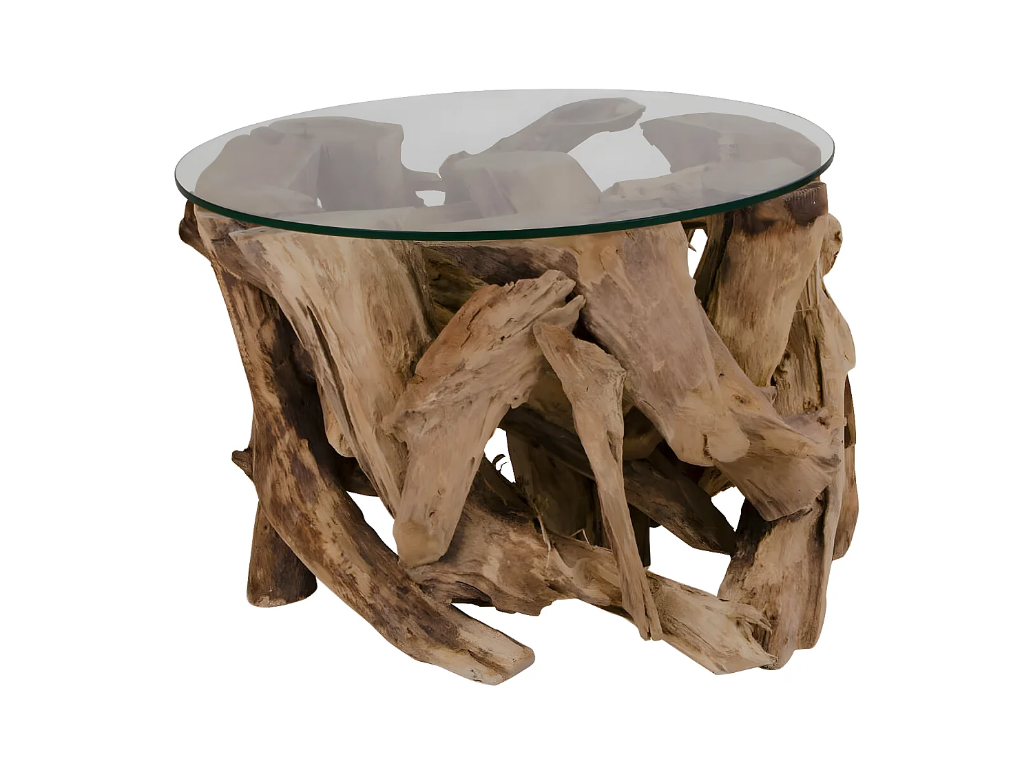 RAMA - Table Basse Ronde Ø60cm Teck Brut et Plateau Verre