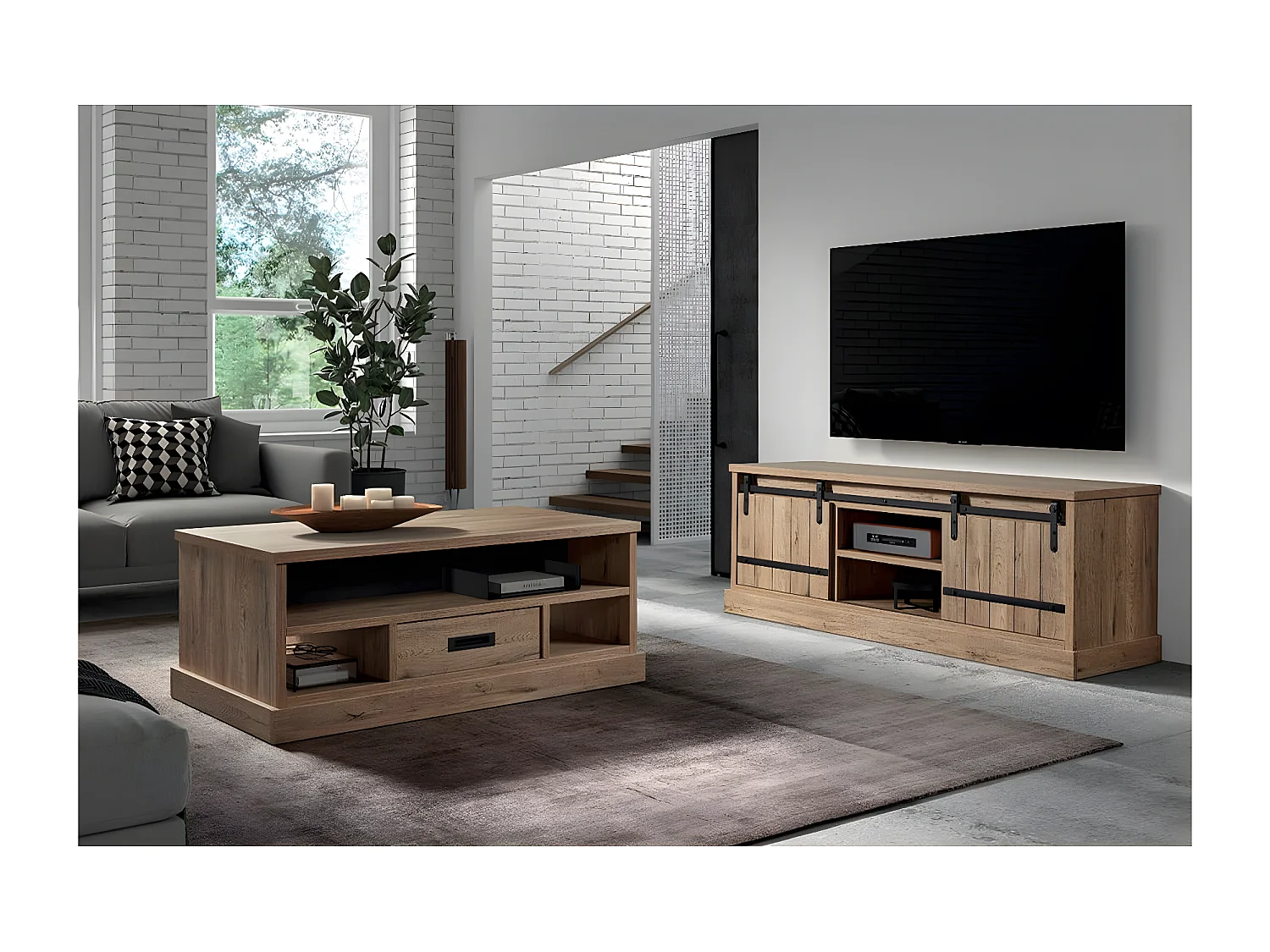 CEDRA - Table Basse Industrielle 1 Tiroir 3 Niches