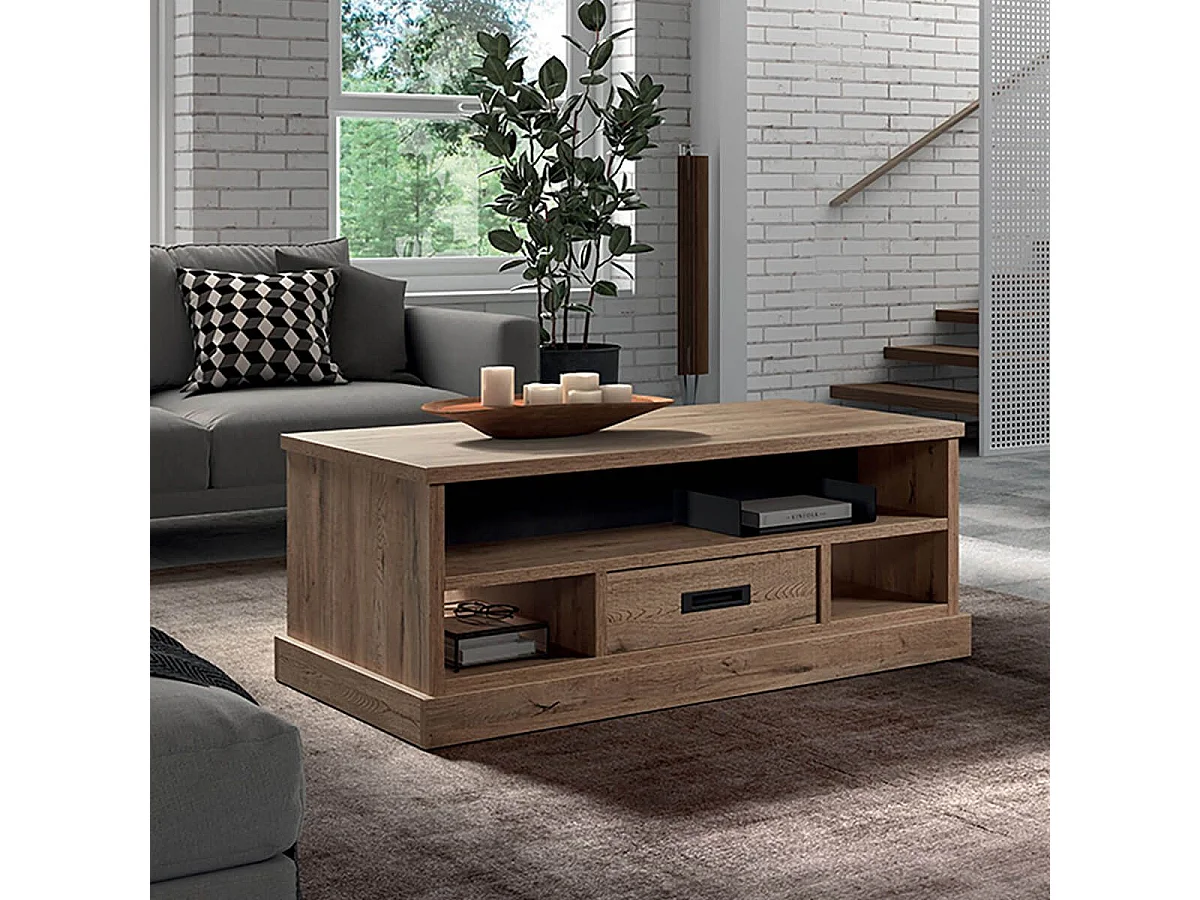 CEDRA - Table Basse Industrielle 1 Tiroir 3 Niches