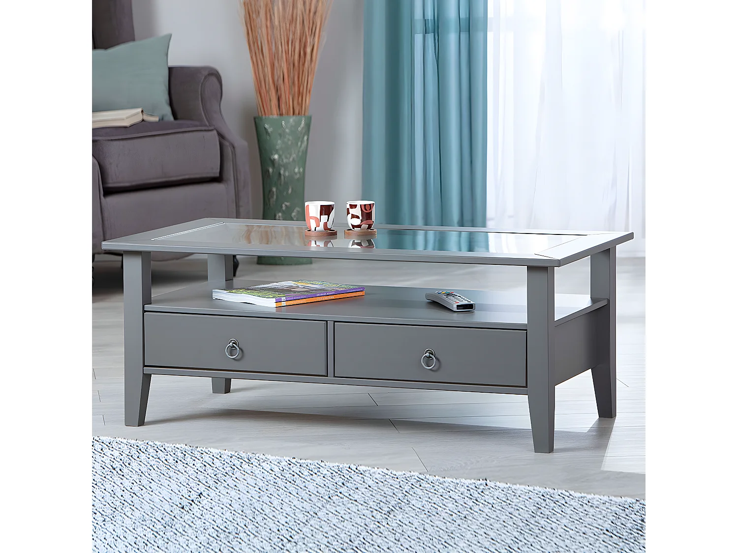 MELINA - Table Basse Rectangulaire Bois Massif Laqué Gris