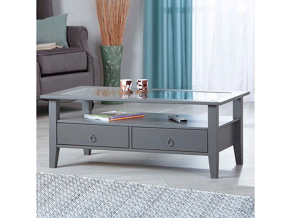 MELINA - Table Basse Rectangulaire Bois Massif Laqué Gris