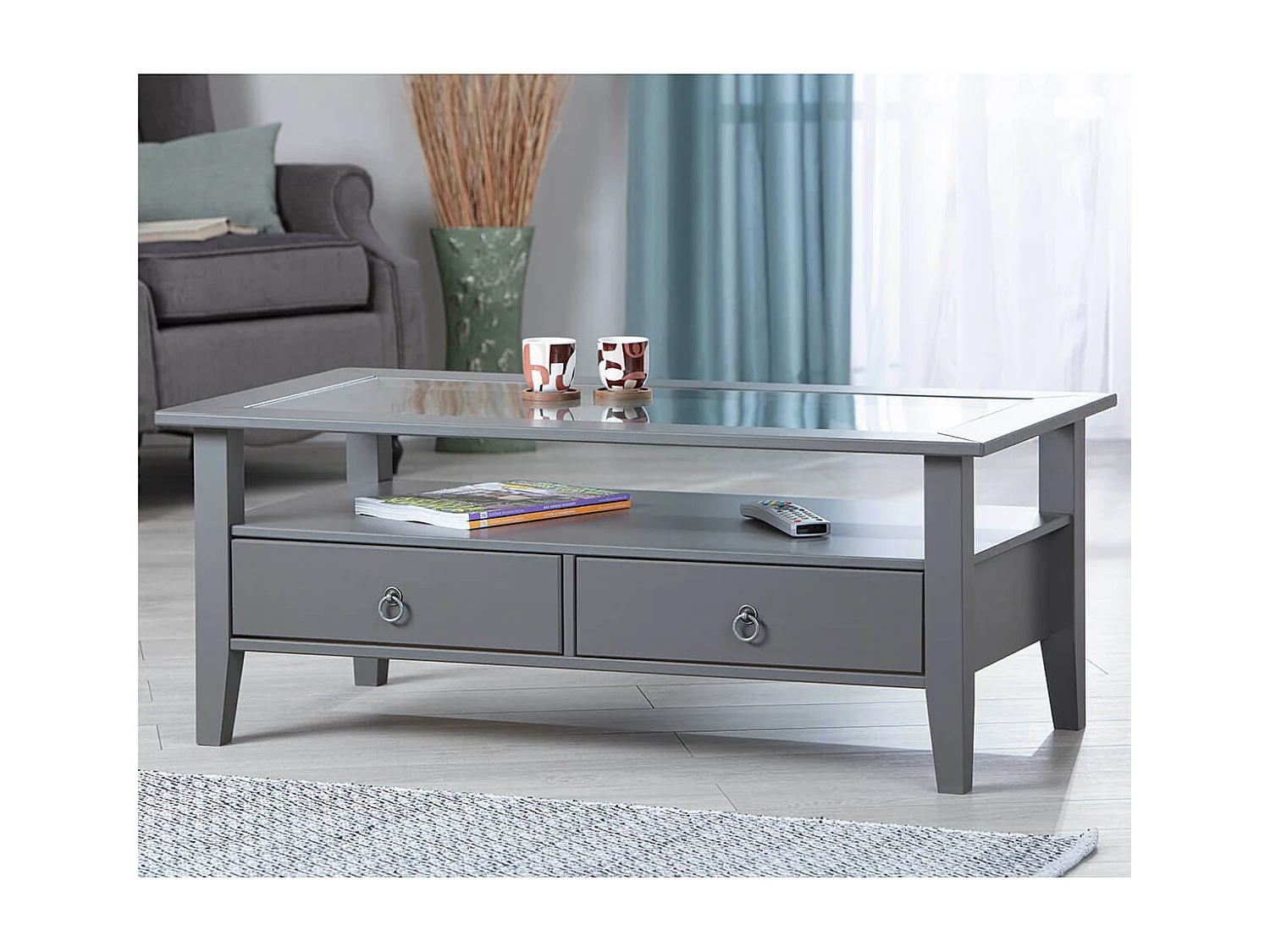 MELINA - Table Basse Rectangulaire Bois Massif Laqué Gris