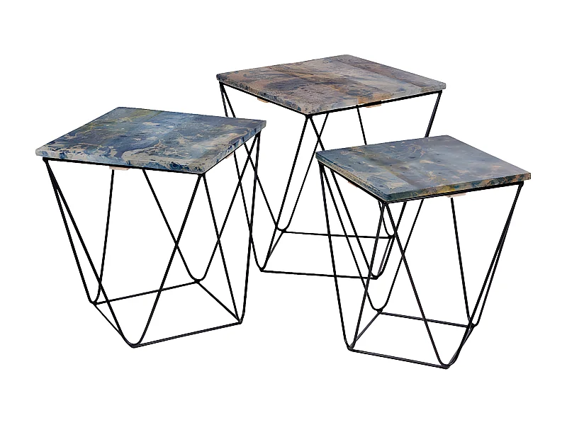 ERLING - Lot de 3 Tables Basses Acier et Effet Marbre Bleu