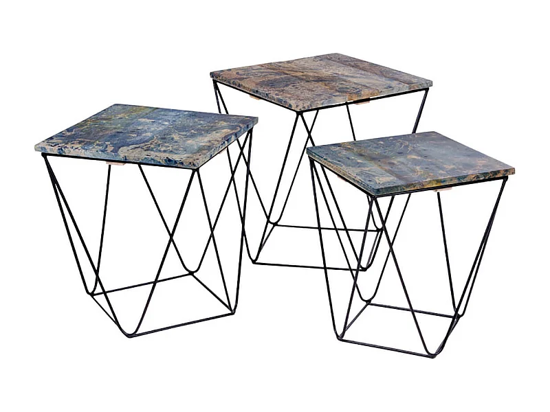 ERLING - Lot de 3 Tables Basses Acier et Effet Marbre Bleu