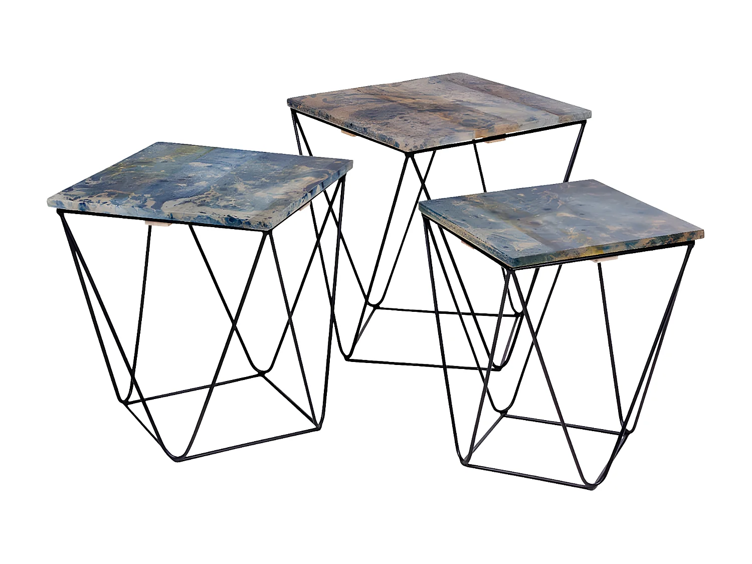 ERLING - Lot de 3 Tables Basses Acier et Effet Marbre Bleu