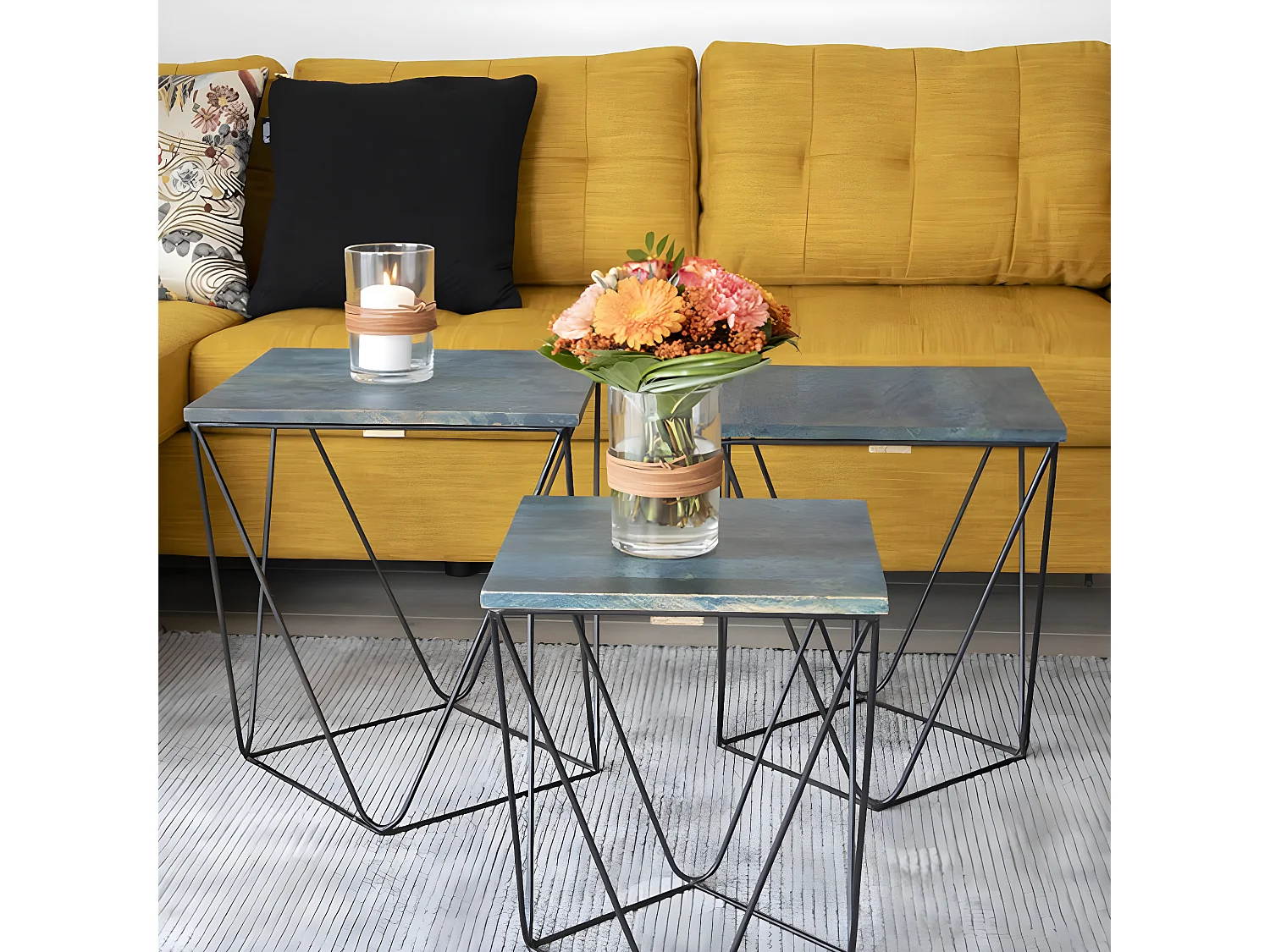 ERLING - Lot de 3 Tables Basses Acier et Effet Marbre Bleu