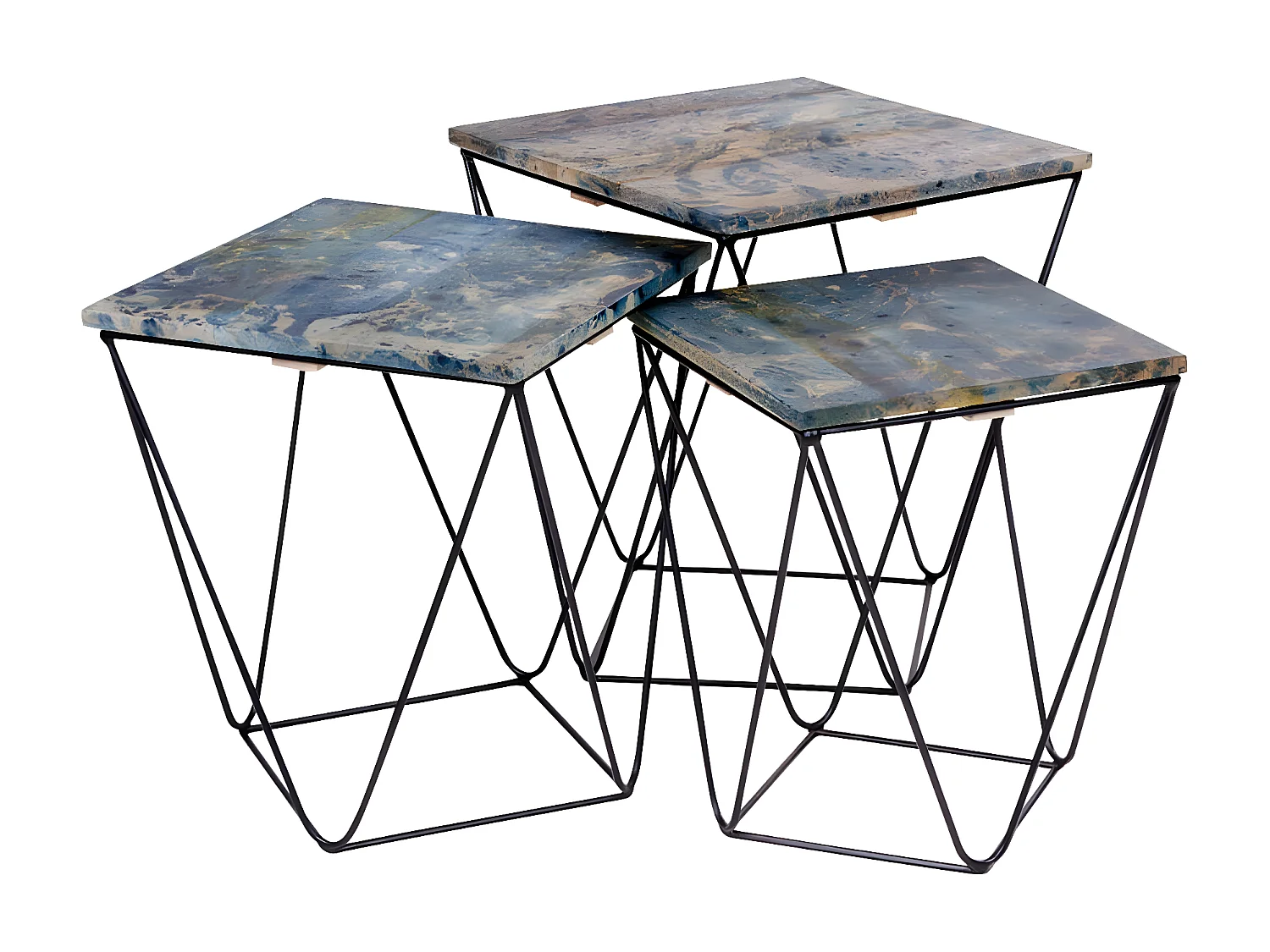 ERLING - Lot de 3 Tables Basses Acier et Effet Marbre Bleu