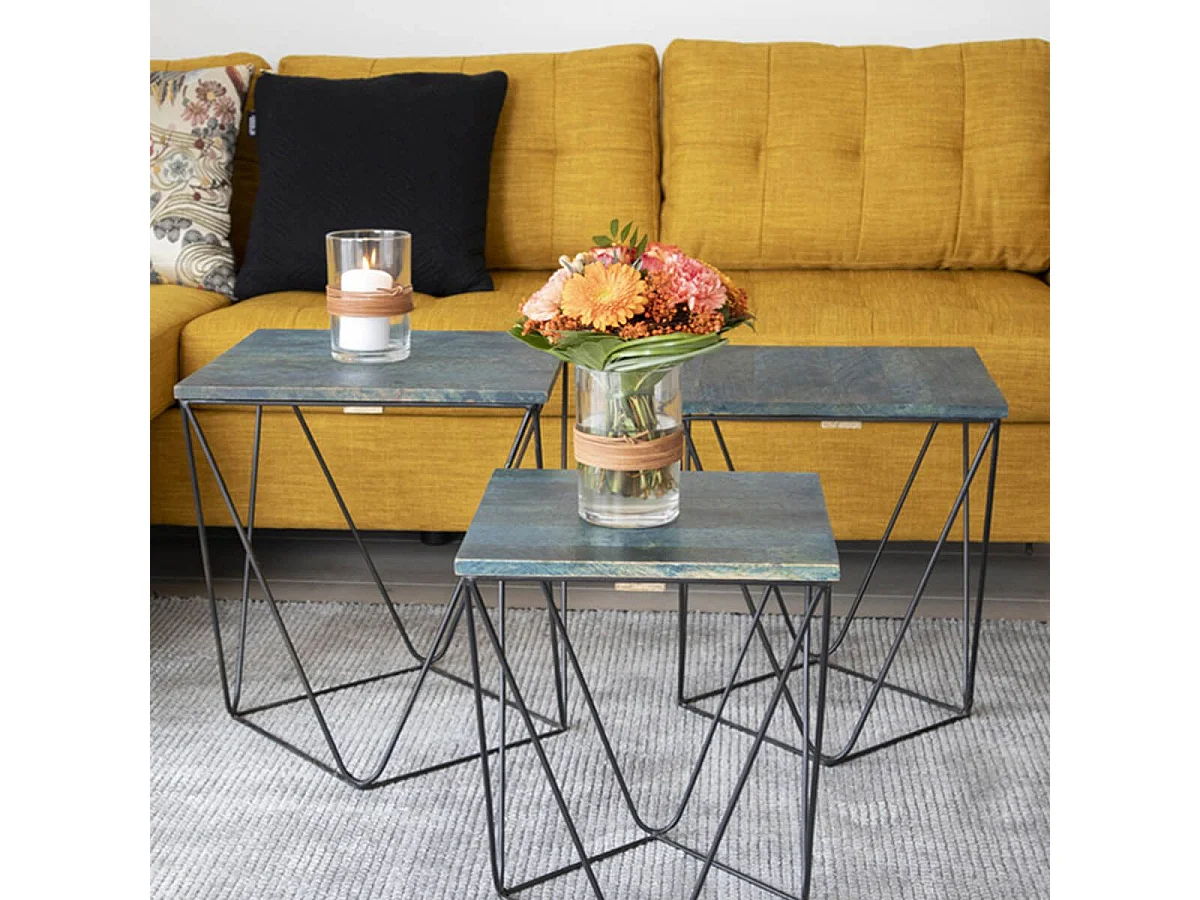 ERLING - Lot de 3 Tables Basses Acier et Effet Marbre Bleu