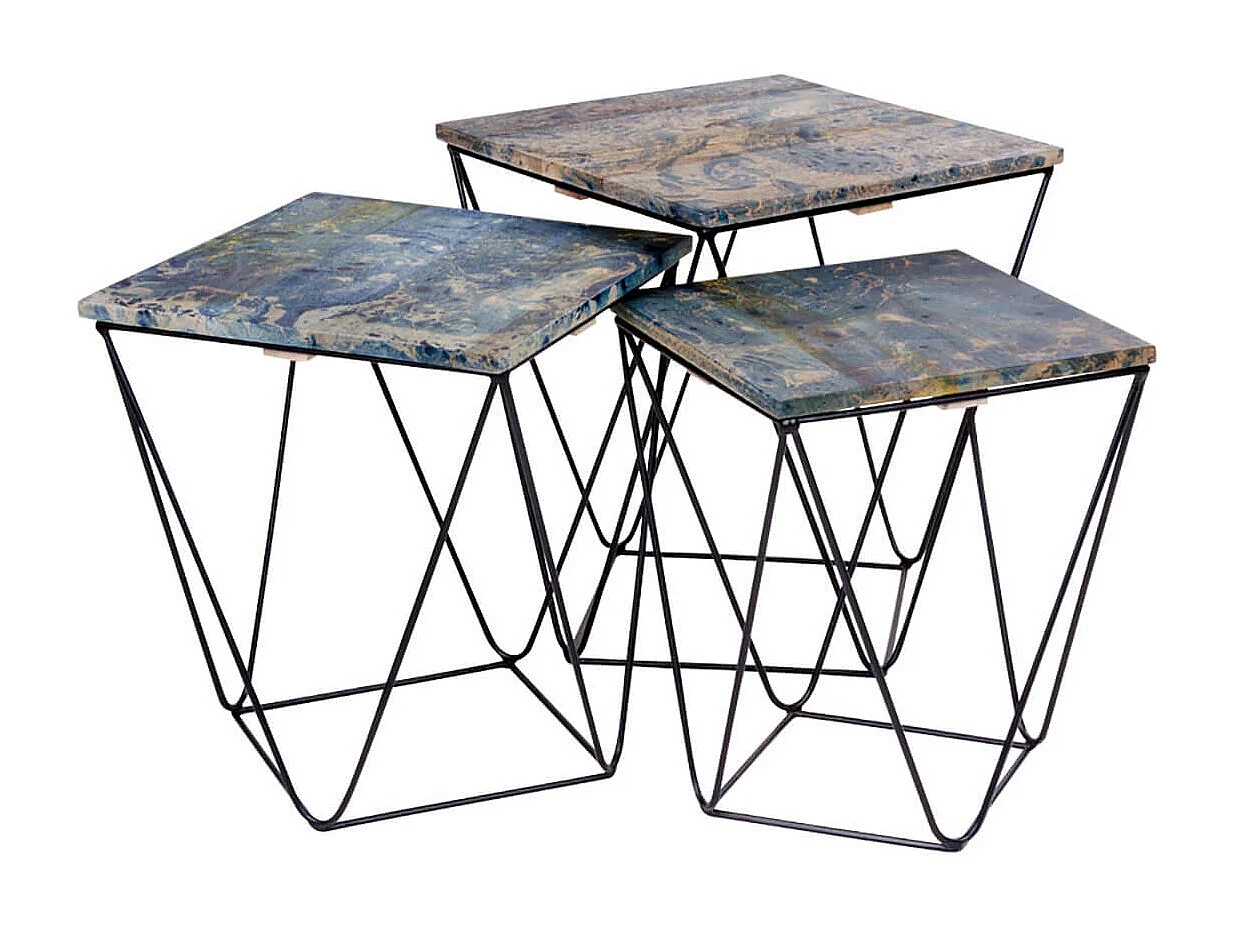ERLING - Lot de 3 Tables Basses Acier et Effet Marbre Bleu