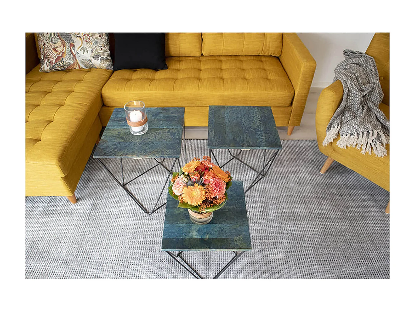 ERLING - Lot de 3 Tables Basses Acier et Effet Marbre Bleu