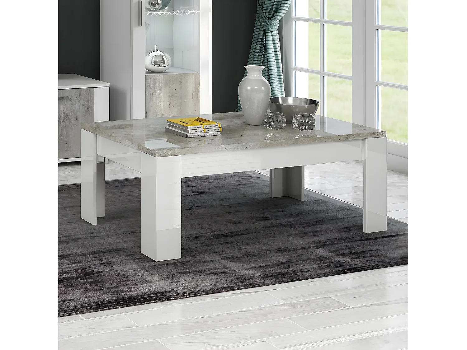 LYNDA - Table Basse Rectangulaire Laqué Blanc et Gris Béton