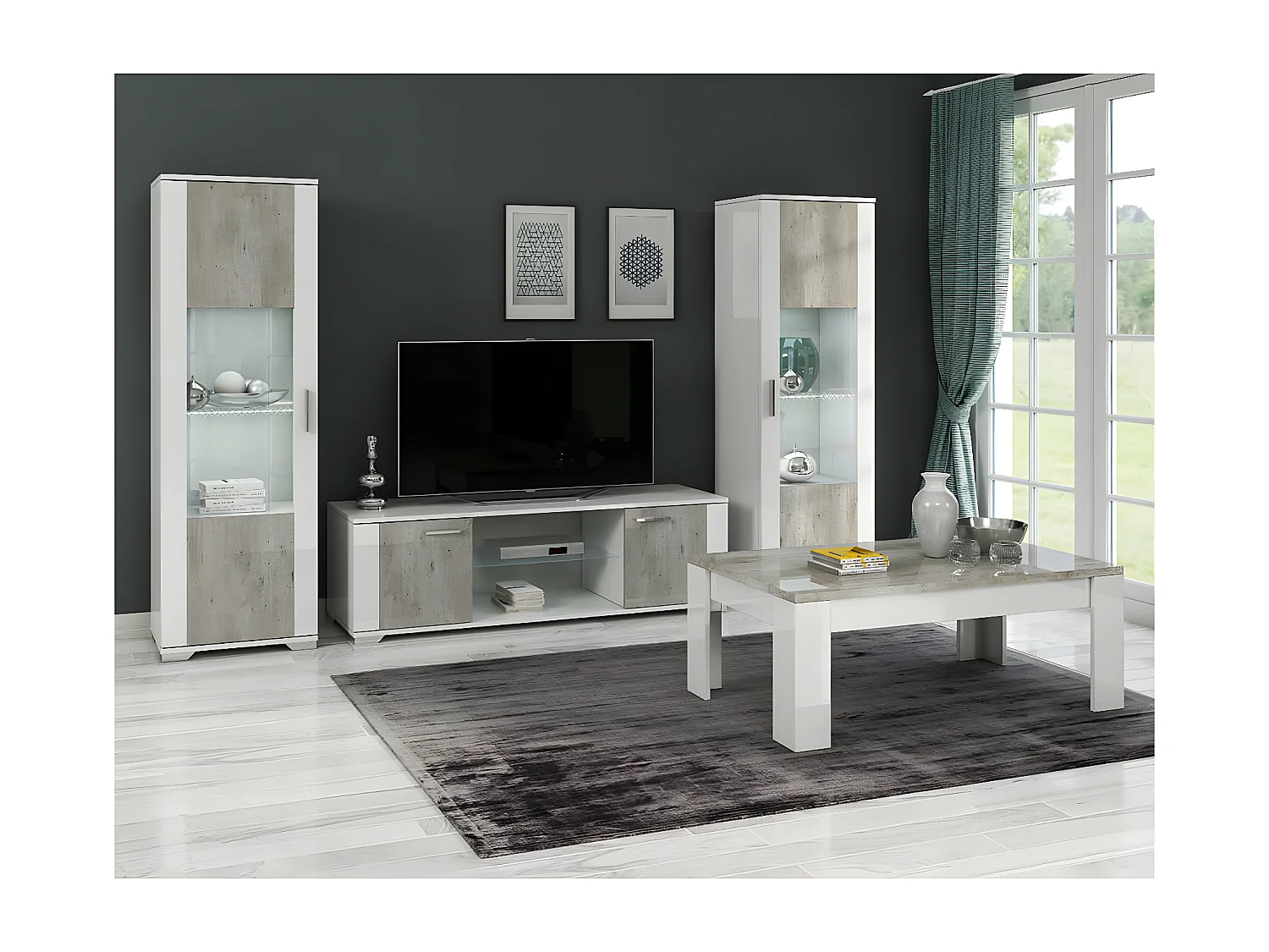 LYNDA - Table Basse Rectangulaire Laqué Blanc et Gris Béton