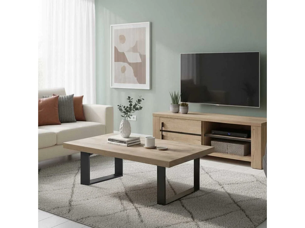 NILLA - Table Basse Aspect Bois Piètement U Métal Poudré Noir