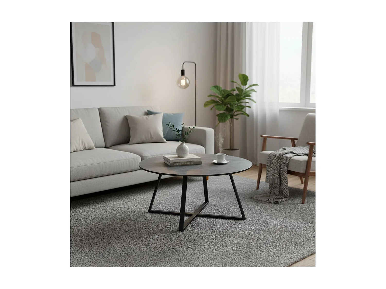 KERIA - Table Basse Ronde Aspect Céramique Grise