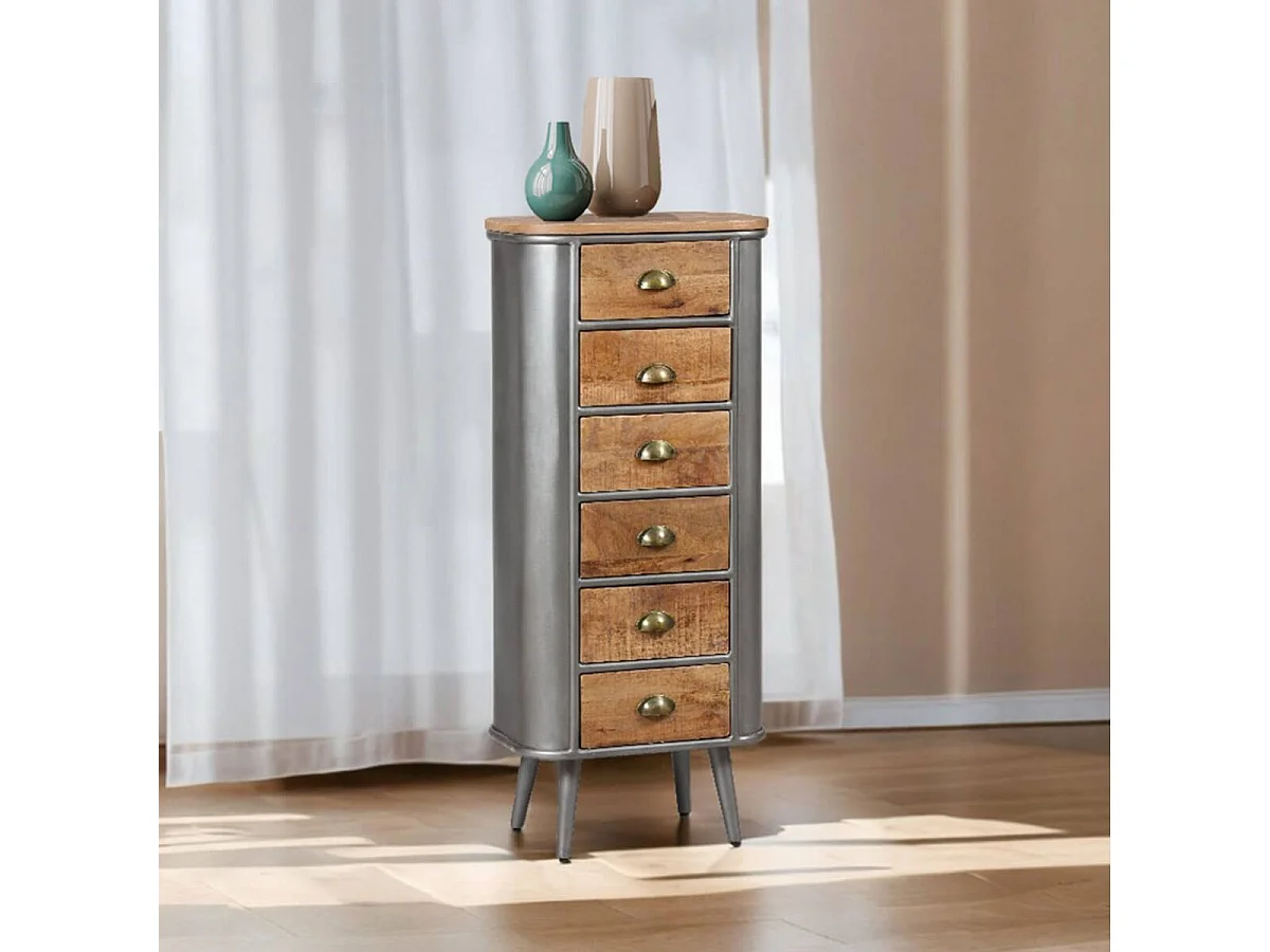 PALISSO - Chiffonnier 6 Tiroirs Bois et Acier Patiné