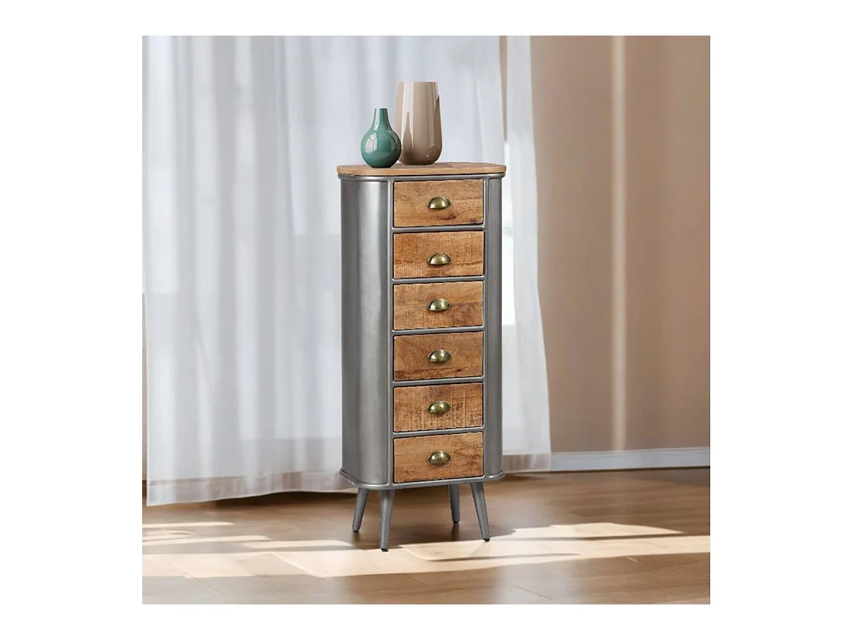 PALISSO - Chiffonnier 6 Tiroirs Bois et Acier Patiné