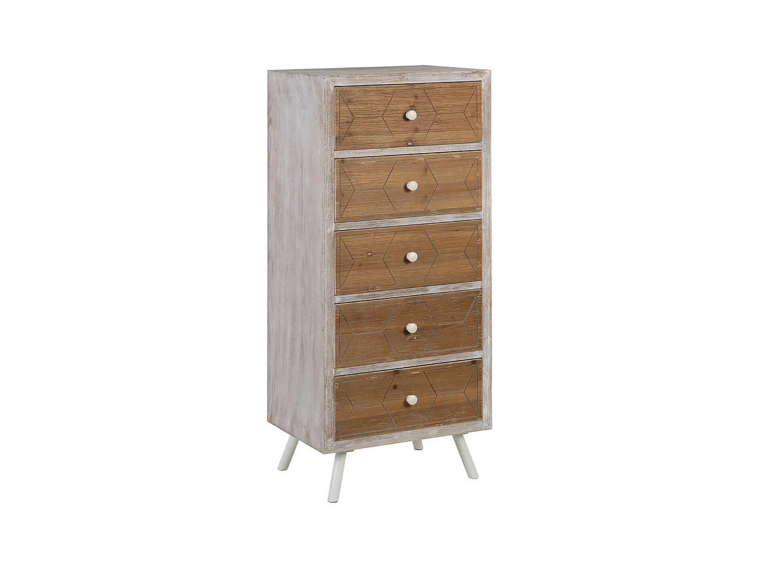 OLMANN - Chiffonnier 5 Tiroirs Blanc et Naturel Aspect Vieilli