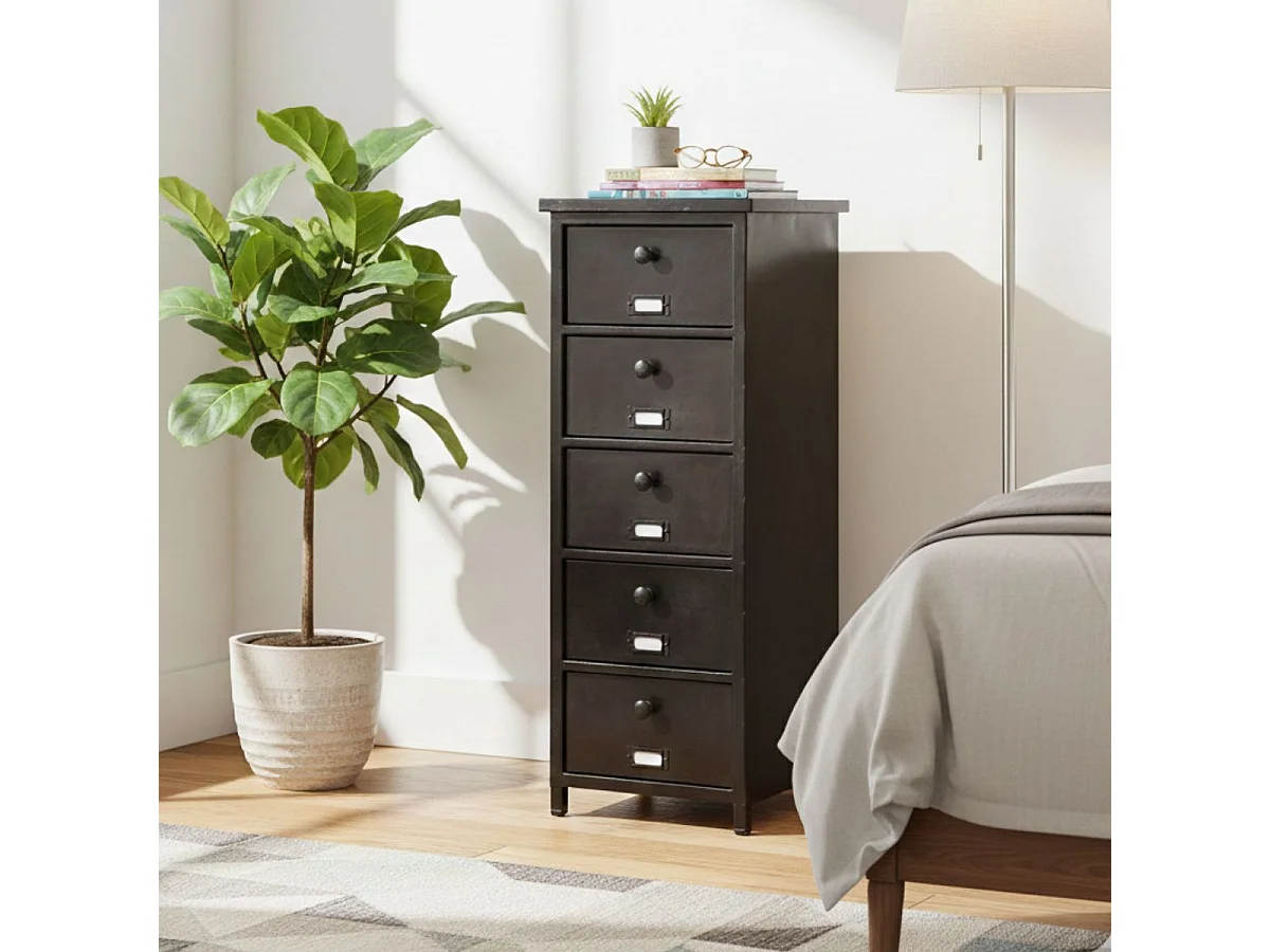 RUBEN - Chiffonnier 5 Tiroirs Indutriel en Acier Noir Vieilli