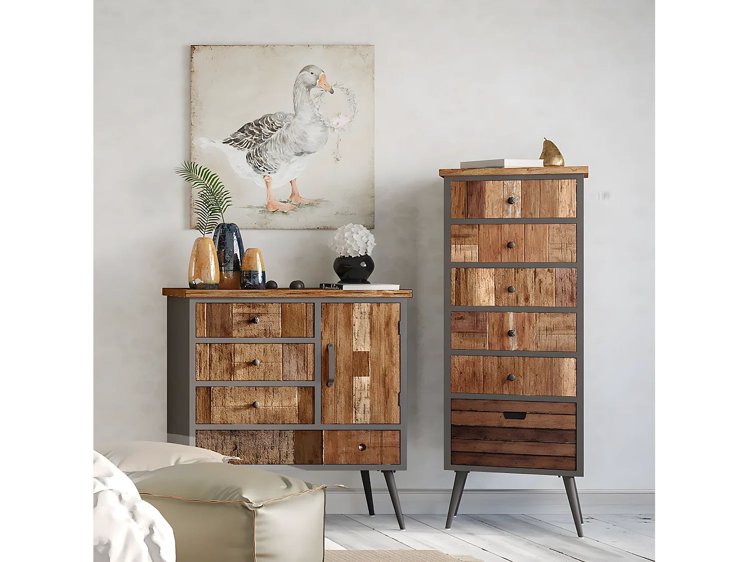 LEONARD - Chiffonnier 6 Tiroirs Acier et Bois Massif