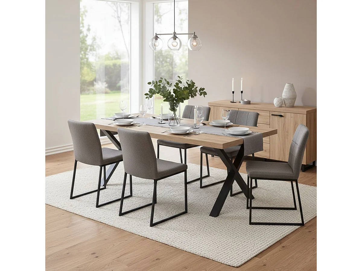 CARSON - Table 230cm Aspect Bois Piètement X Métal Poudré Noir