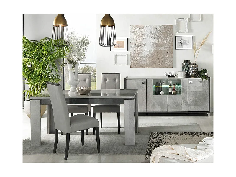 HOFFMAN - Table de Repas Allongeable à Pied Central Gris Aspect Pierre